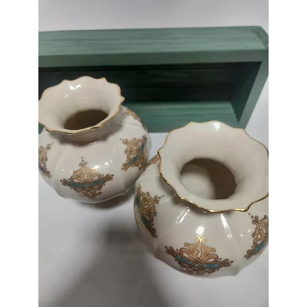 2 Lenox 7 1/2” Catalan Vases 24K Gold Trim, 6 panels w/Gold & Turquoise Design